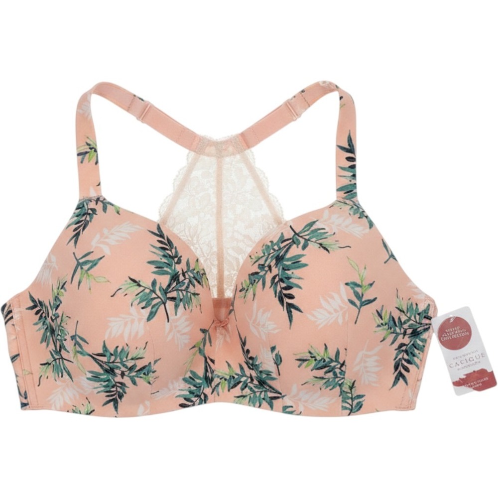 Cacique Simply Wire-Free T-Shirt Bra‎ 46C Peach Tropical Leaf Lace Back 1100650